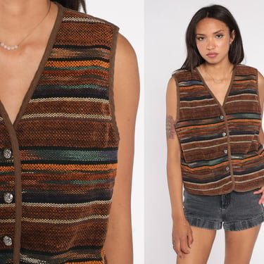 Striped Vest 90s Brown Tapestry Vest Button up Blanket Vest Sleeveless Woven Shirt Bohemian Retro Southwestern Vintage 1990s Medium Large 