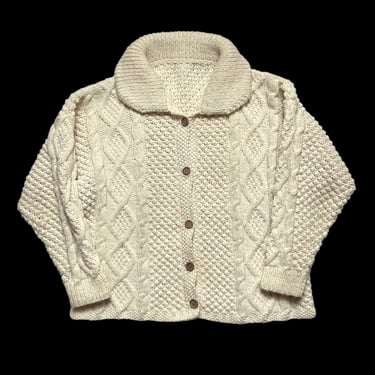 Vintage Women's 100% Wool Cardigan ~ Fisherman Sweater ~ Cable Knit ~ Shawl Collar 
