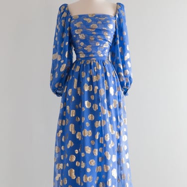 Fabulous Late 1970's Cobalt Blue Silk Chiffon &amp; Gold Lame Occasion Dress / Small
