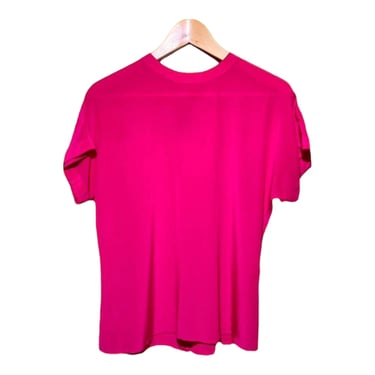 Magenta SilkTee, Vintage 00s Silk Blouse, Short Sleeve Loose Fit Silk Top, Bright Vibrant Pink Blouse Simple Minimal Elegant Button Up Shirt 