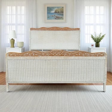 King White Wicker & Carved Wood Bed - Vintage Pier 1 Jamaica Collection Coastal French Country Boho Cottage Style Bed Frame 