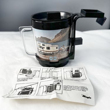 UHAUL Moving Vintage New OLD STOCK Travel Coffee Cup Set, Mug 1970s New with Car Dash Holder, Never used Disco era Travel Mug Black Plastic 