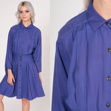 Purple Dress 80s Button up Mini Dress High Waisted Collared Shirtwaist Pleated 3/4 Sleeve Simple Basic Preppy Secretary Vintage 1980s Small 