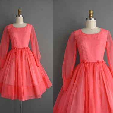 vintage 1950s Dress | Pink Cupcake Full Skirt Long Sleeve Dress | Small 