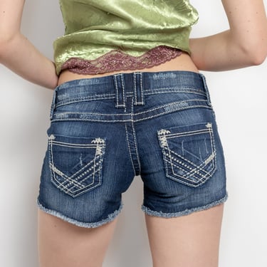 LOW RISE Y2K Shorts Vintage 2000's Britney Denim Stretch Embroidered Pockets / 35 Inch Hips / Size 2 