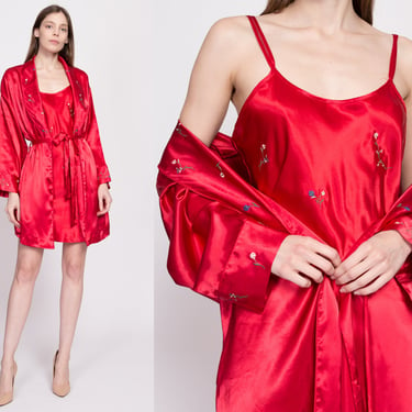 M| 90s Red Satin Floral Embroidered Peignoir Set - Medium | Vintage Mini Nightgown Kimono Loungewear Matching Two Piece Outfit 