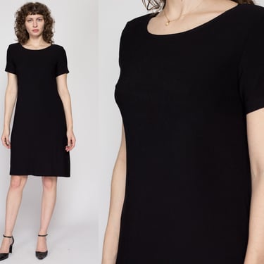 Large 90s Slinky Black Knee Length Dress | Vintage Short Sleeve Minimalist Grunge Dress 