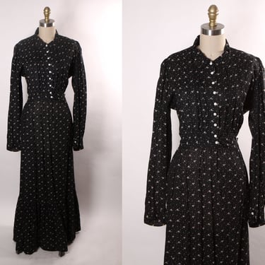 Antique 1800s 1890s-1900s Victorian Black and Tan Floral Long Sleeve Button Down Ruffle Hem Plus Size Dress -2XL 