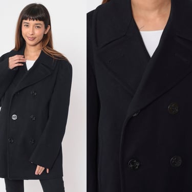 Black Pea Coat 90s Wool Jacket Double Breasted Button Up Sailor Peacoat Winter Trench Coat Vintage 1990s Medium 40 R 