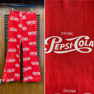 Vintage 1960’s w26 Pepsi-Cola Mod Hippie Pop Art Hip-hugger Flare Denim Jeans Pants, 60’s Bell Bottoms, Vintage Clothing 