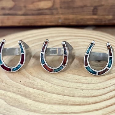 HORSESHOE PARADISE Vintage Sterling Silver Inlay Turquoise & Coral Ring | Signet Ring | Native American Southwestern Jewelry| Multiple Sizes 