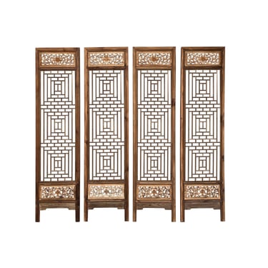 Oriental Geometric Pattern 4 Distressed Wood Panel Floor Screen Set cs7681E 
