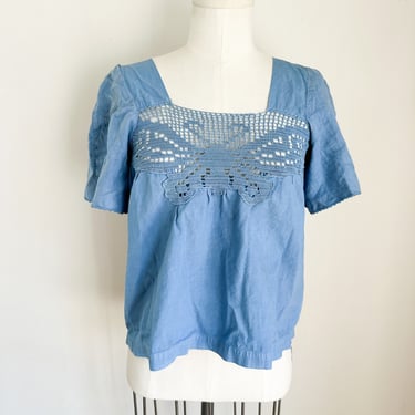 Vintage 1970s Blue Butterfly Top / XS 