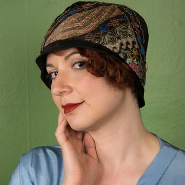 1920s Cloche - Elegantly Embellished Silk Cloche with Rich Colored Soutache and Embroidery 