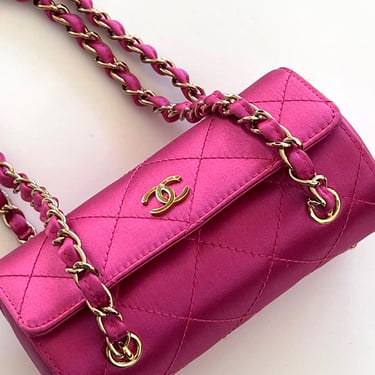 Vintage CHANEL CC Logo Pink Quilted Silk Top Handle Barrel Mini Bag Purse Clutch - RARE Design!! 