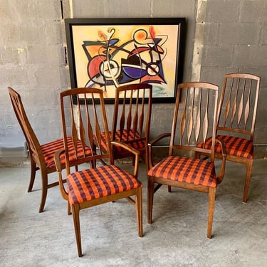 Keller mid century modern dining chairs, set of 6- two with arms. (Koefoeds Hornslet Eva Style with 80s seat covers that are easy to change)