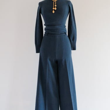 Vintage 1970's Sonia Rykiel Dark Teal Wool Two Piece Pant & Sweater Set / Small