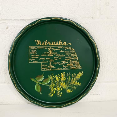 Vintage Metal Nebraska Drink Tray Plate Souvenir Retro Nashco Mid-Century Barware Green Hand Painted 