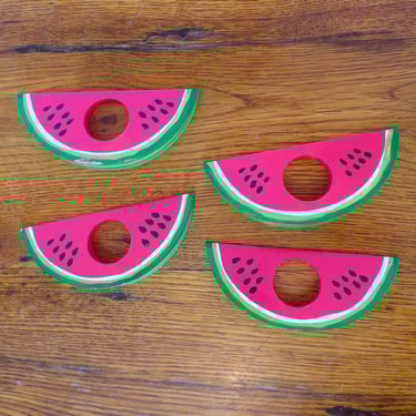 Vintage Watermelon Slices Napkin Rings Painted Wood Set of 4 