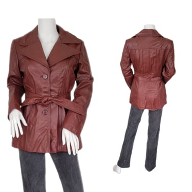 Foxmoor 1970's Burgundy Leather Jacket I Coat I Sz Med I Belted 