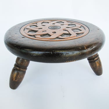 Primitive Hand Carved Gaelic Nordic Wood Stool 