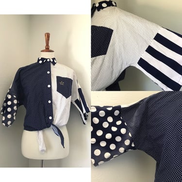 Vintage dotted striped split navy and white tie front button up top 