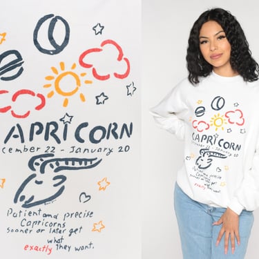 Capricorn Sweatshirt 90s Astrology Sweatshirt Retro Zodiac Goat Graphic Pullover Crewneck Raglan Sleeve White Vintage 1990s Extra Large xl 