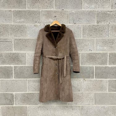 Vintage Coat Retro 1980s Suede + Faux Shearling Lining + Penny Lane + Almost Famous + Dusty Brown Grey + Waist Tie + Womens Apparel 
