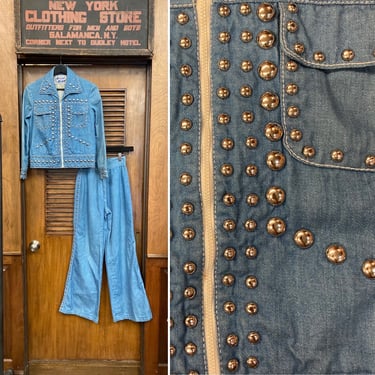 Vintage 1960’s Mod Glam Studded Denim Two Piece Rocker Jacket Flare, Jacket & Flare Pant, 1960’s, 2 Piece, Matching Set, Pant Suit, Studded 