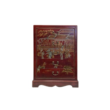 Oriental Brick Red Veneer House People Graphic 5 Drawers Dresser Cabinet ws3727E 