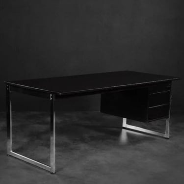 Vintage Mid-Century Danish Black Modern Minimalist Oak Office Desk with Chrome Base, 1970s 