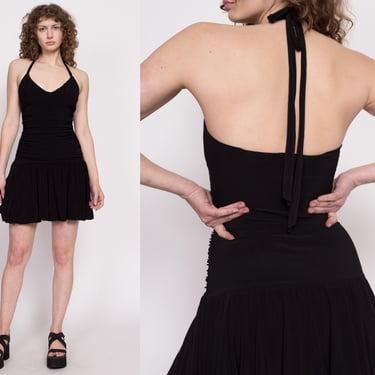Y2K Black Ruched Mini Halter Skater Dress - Small | Vintage Sleeveless Drop Waist Bubble Hem Dress 
