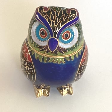 Vintage Metal Floral Enamel Cloisonne Owl Trinket Box Figurine Double Sided Owl 