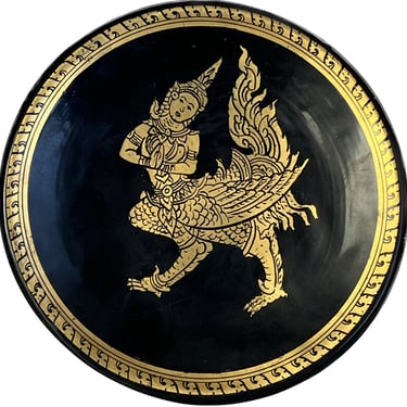 Thai Indian Plate, Vintage Black and Gold Ethnic Plate, Mid Century Home Decor, Black and Gold Decorative Plate, Acrylic Plate, Hindu Plate 