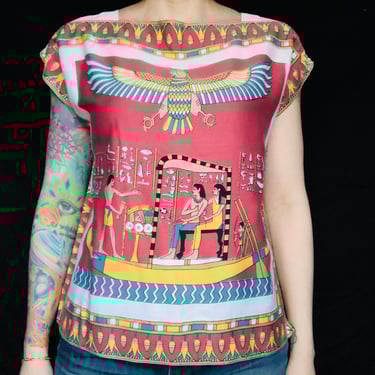 AMAZING Vintage 80s 90s Egyptian Novelty Print Cotton Poncho Top - Rust Brown - size Small Medium Large 