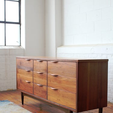 Restored Harmony House Low Dresser with Curved Walnut Pulls 