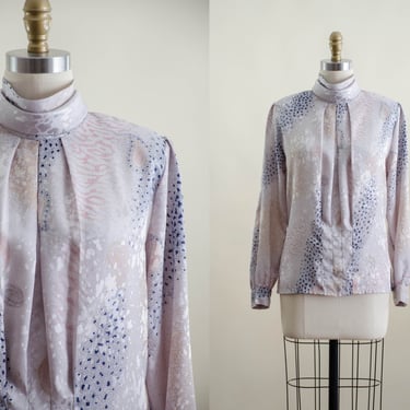 blush high collar blouse | 80s vintage pink navy pastel jacquard silky modern light dark academia blouse 
