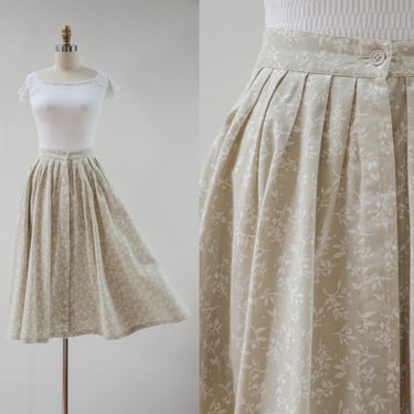 beige cotton midi skirt | 80s 90s vintage beige white floral khaki light dark academia button down fit and flare skirt with pockets 