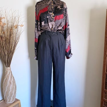 Vintage 90's Wool Trousers, High Waisted, Dark Grey, 26