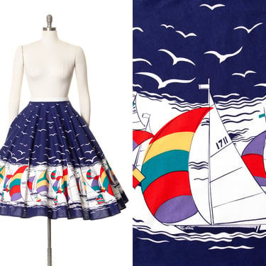 Vintage 1970s Circle Skirt | 70s does 1950s Sailboat Novelty Border Print Cotton Boats Birds Nautical Blue Printed Swing Skirt (small) 