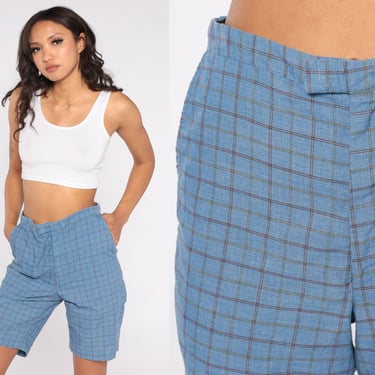 Blue Checkered Shorts 70s Trouser Shorts Bermuda Shorts Knee Length Mid Rise Mom Shorts Summer Preppy Seventies Vintage 1970s Small 6 