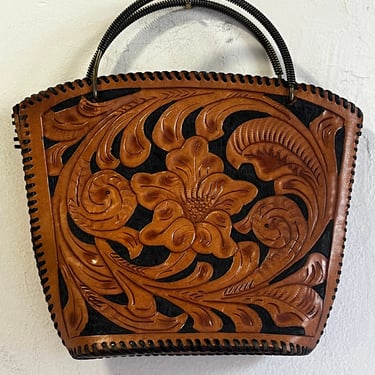Unusual 1940s Tooled Leather Coiled Top Handle Bag Flowers and Plumes Vintage 