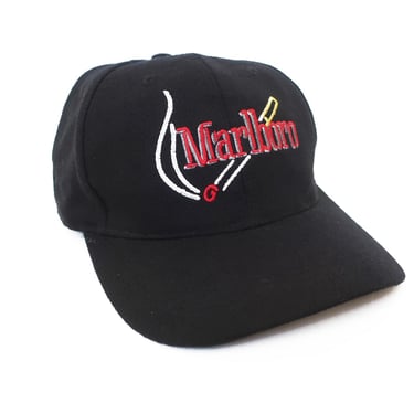 Marlboro hat / cigarette hat / 1990s Marlboro cigarettes black strap back hat cap 