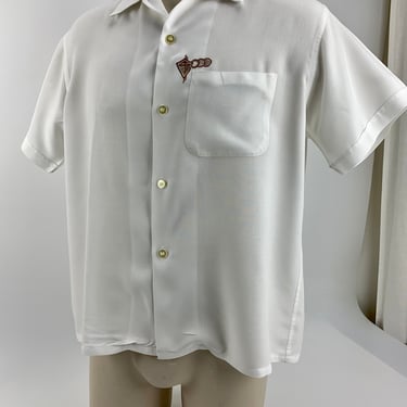 1950's Rayon Shirt - PARK MANOR Label - Summer Weight Fabric - White with an Embroidery Crest Detail - Men's Size Large 