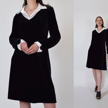 Black Velvet Wednesday Addams Dress | Y2K Shirt Dress | Black Velvet Dress with Collar 