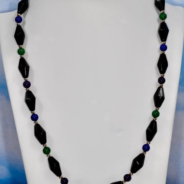 Vintage Single Strand 30" Gemstone Beaded Necklace Onyx Lapis Malachite and Amethyst Accented With Sterling  Silver Spacer Beads 