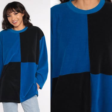 Color Block Shirt Velour Shirt Black Blue Long Sleeve Shirt 80s T Shirt Retro Top Tshirt 1980s Hipster Tee Vintage 2xl xxl 