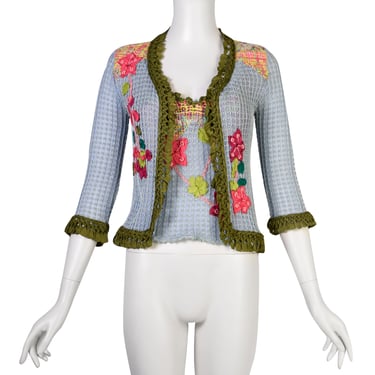 Christian Lacroix Vintage SS 2000 Baby Blue Multicolor Floral Embellished Knit Crochet Tank Top &amp; Cardigan Twin Set