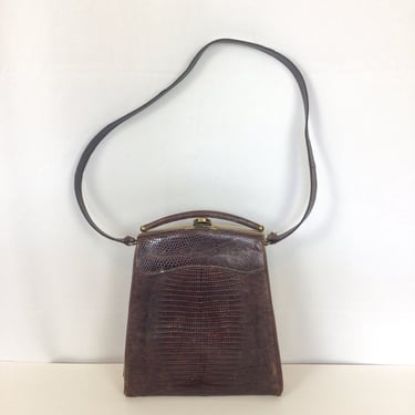 Vintage 50s Purse | Vintage brown leather box purse | 1950s Faux alligator top handle handbag 