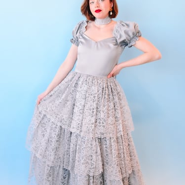 1980s Gray Tiered Lace Dress, sz. M